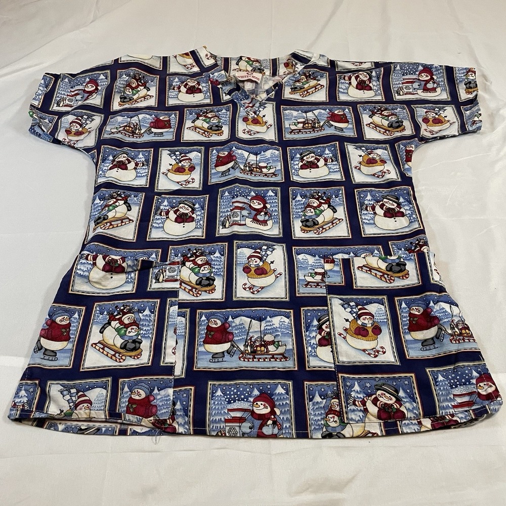 White Cross Snowman Winter Scrub Top Navy Blue Cotton V-Neck Christmas Small